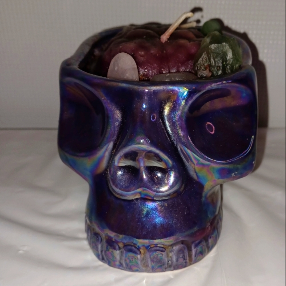 Northern Lights Iridescent Purple Skull Candle Holder Gothic Mystical
